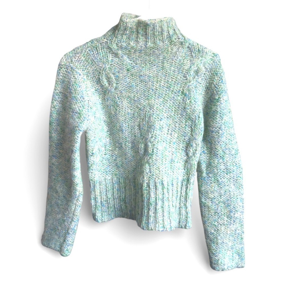 Frost Sweater Blue‎ Green Mohair Cable Knit Mock Neck Small